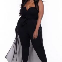 Curvy Sense Party Jumpsuilts Plus Size Addison Chiffon Overlay Jumpsuit- Black