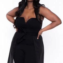 Curvy Sense Party Jumpsuilts Plus Size Addison Chiffon Overlay Jumpsuit- Black