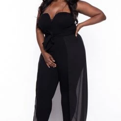 Curvy Sense Party Jumpsuilts Plus Size Addison Chiffon Overlay Jumpsuit- Black