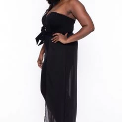 Curvy Sense Party Jumpsuilts Plus Size Addison Chiffon Overlay Jumpsuit- Black