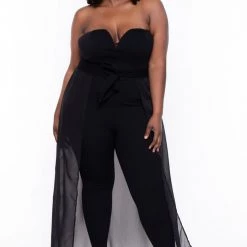 Curvy Sense Party Jumpsuilts Plus Size Addison Chiffon Overlay Jumpsuit- Black