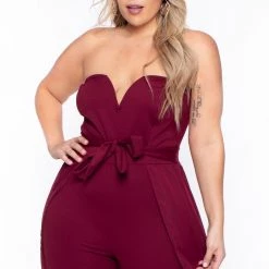 Curvy Sense Plus Size Addison Chiffon Overlay Jumpsuit- Burgundy