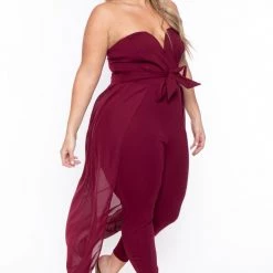 Curvy Sense Plus Size Addison Chiffon Overlay Jumpsuit- Burgundy