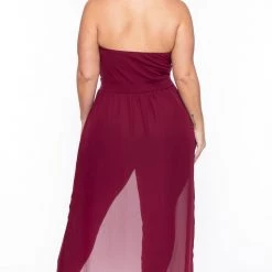 Curvy Sense Plus Size Addison Chiffon Overlay Jumpsuit- Burgundy