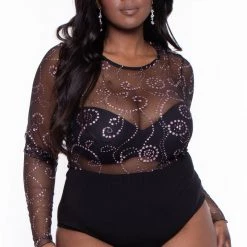 Curvy Sense Bodysuits Plus Size Celia Glitter Bodysuit - Black