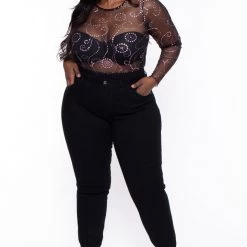 Curvy Sense Bodysuits Plus Size Celia Glitter Bodysuit - Black