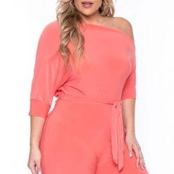SOLID Party Jumpsuilts Plus Size Adina Off Shoulder Jumpsuit - Coral