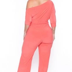 SOLID Party Jumpsuilts Plus Size Adina Off Shoulder Jumpsuit - Coral