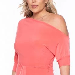 SOLID Party Jumpsuilts Plus Size Adina Off Shoulder Jumpsuit - Coral