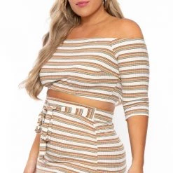 Curvy Sense Plus Size Striped Off The Shoulder Matching Set - Cream Stripe New Arrivals