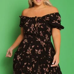 Curvy Sense New Arrivals Plus Size Floral Sienna Swiss Dot Keyhole Dress -Black