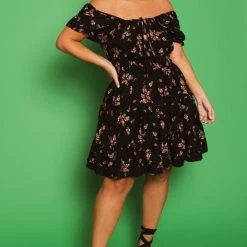 Curvy Sense New Arrivals Plus Size Floral Sienna Swiss Dot Keyhole Dress -Black