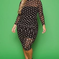 Curvy Sense New Arrivals Plus Size Caelan Ruched Bodycon Dress- Black/White