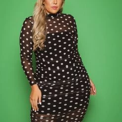 Curvy Sense New Arrivals Plus Size Caelan Ruched Bodycon Dress- Black/White