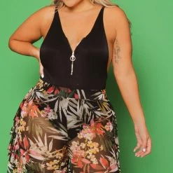 Curvy Sense New Arrivals Plus Size Tropical Mesh Ruffle Pants - Black