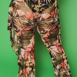 Curvy Sense New Arrivals Plus Size Tropical Mesh Ruffle Pants - Black
