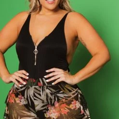 Curvy Sense New Arrivals Plus Size Tropical Mesh Ruffle Pants - Black