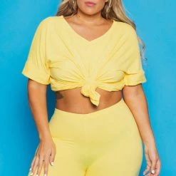 ZENANA Plus Size Lexa Tee And Biker Short Set - Yellow New Arrivals