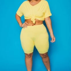 ZENANA Plus Size Lexa Tee And Biker Short Set - Yellow New Arrivals