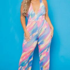 Libian Plus Size Shanice Abstract Halter Jumpsuit - Multi Party Jumpsuilts