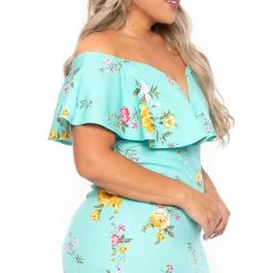 Curvy Sense Plus Size Floral Frill Bodycon Dress - Aqua