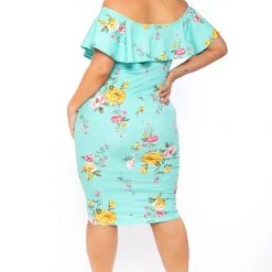 Curvy Sense Plus Size Floral Frill Bodycon Dress - Aqua