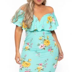 Curvy Sense Plus Size Floral Frill Bodycon Dress - Aqua
