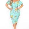 Curvy Sense Plus Size Floral Frill Bodycon Dress - Aqua
