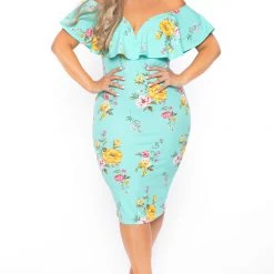 Curvy Sense Plus Size Floral Frill Bodycon Dress - Aqua
