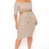 Curvy Sense Plus Size Striped Off The Shoulder Matching Set - Cream Stripe New Arrivals