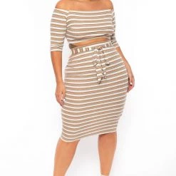 Curvy Sense Plus Size Striped Off The Shoulder Matching Set - Cream Stripe New Arrivals