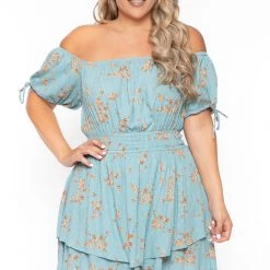 Curvy Sense New Arrivals Plus Size Floral Sienna Swiss Dot Dress -Turquoise