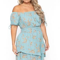 Curvy Sense New Arrivals Plus Size Floral Sienna Swiss Dot Dress -Turquoise