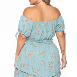 Curvy Sense New Arrivals Plus Size Floral Sienna Swiss Dot Dress -Turquoise