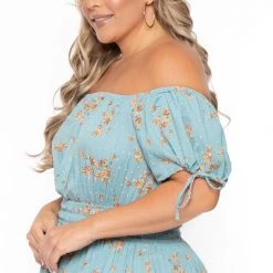 Curvy Sense New Arrivals Plus Size Floral Sienna Swiss Dot Dress -Turquoise