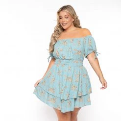 Curvy Sense New Arrivals Plus Size Floral Sienna Swiss Dot Dress -Turquoise
