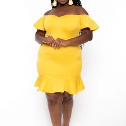 Curvy Sense New Arrivals Plus Size Amika Ruffle Hem Dress- Yellow