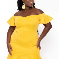 Curvy Sense New Arrivals Plus Size Amika Ruffle Hem Dress- Yellow