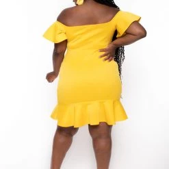 Curvy Sense New Arrivals Plus Size Amika Ruffle Hem Dress- Yellow
