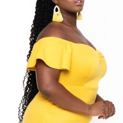 Curvy Sense New Arrivals Plus Size Amika Ruffle Hem Dress- Yellow
