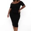 Curvy Sense Plus Size Lydia Off The Shoulder Short Sleeve Dress- Black