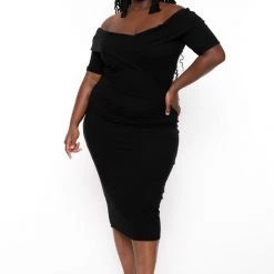 Curvy Sense Plus Size Lydia Off The Shoulder Short Sleeve Dress- Black