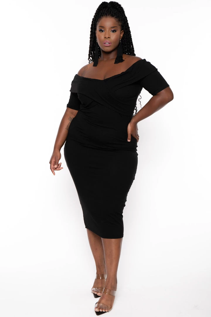 Curvy Sense Plus Size Lydia Off The Shoulder Short Sleeve Dress- Black 3 Curvy Sense Plus Size Lydia Off The Shoulder Short Sleeve Dress- Black