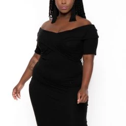 Curvy Sense Plus Size Lydia Off The Shoulder Short Sleeve Dress- Black