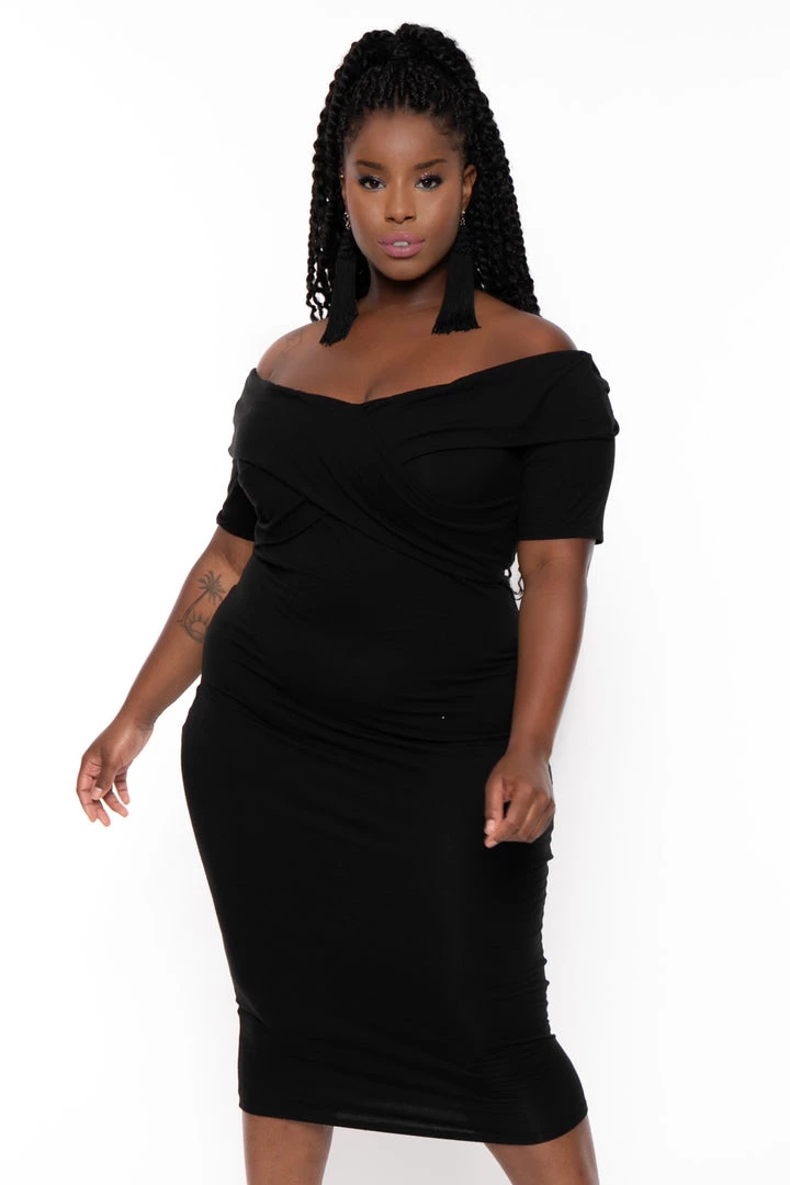 Curvy Sense Plus Size Lydia Off The Shoulder Short Sleeve Dress- Black 4 Curvy Sense Plus Size Lydia Off The Shoulder Short Sleeve Dress- Black