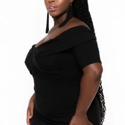 Curvy Sense Plus Size Lydia Off The Shoulder Short Sleeve Dress- Black 9 Curvy Sense Plus Size Lydia Off The Shoulder Short Sleeve Dress- Black