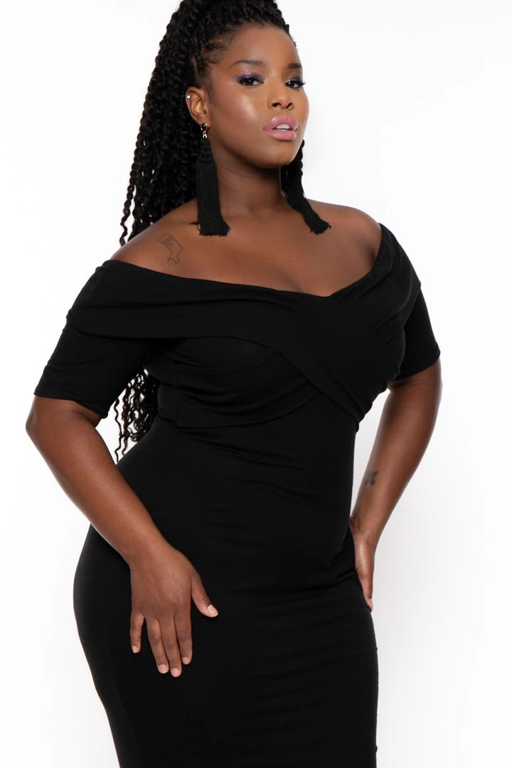 Curvy Sense Plus Size Lydia Off The Shoulder Short Sleeve Dress- Black 6 Curvy Sense Plus Size Lydia Off The Shoulder Short Sleeve Dress- Black