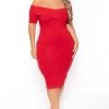 Curvy Sense New Arrivals Plus Size Lydia Off The Shoulder Short Sleeve Dress- Red