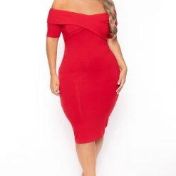 Curvy Sense New Arrivals Plus Size Lydia Off The Shoulder Short Sleeve Dress- Red