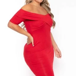 Curvy Sense New Arrivals Plus Size Lydia Off The Shoulder Short Sleeve Dress- Red